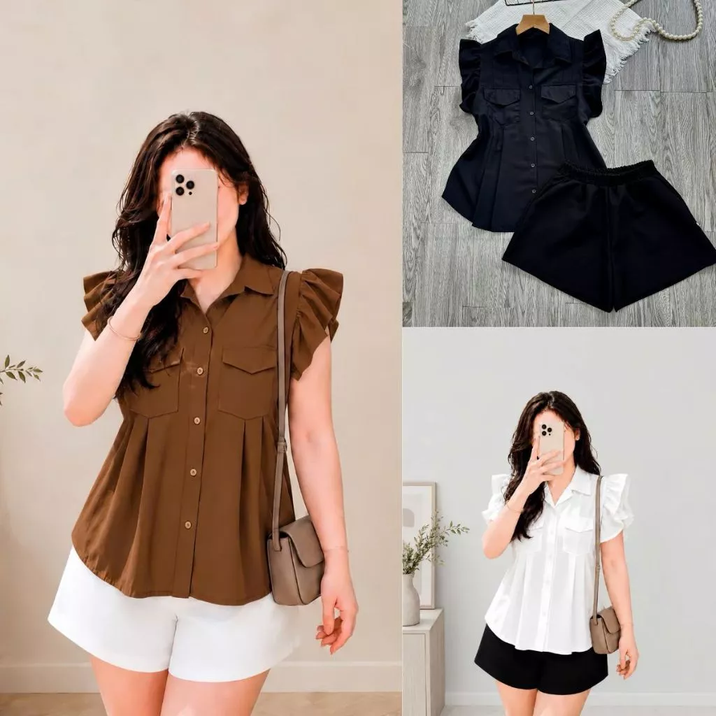Áo sơ mi The Simple bigsize nữ tay cánh tiên dáng xòe có túi 2 bên cách điệu hàng nút kiểu babydoll xinh xắn SM35