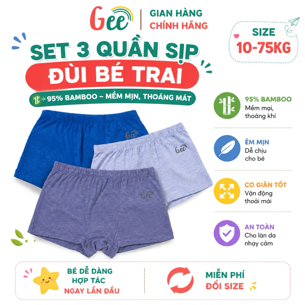Set 3 quần sịp đùi bé trai Gee sợi tre 10-75kg sx tại VN, LƯNG CHUN XANH XÁM, mềm mịn, thấm hút, co giãn, kháng khuẩn