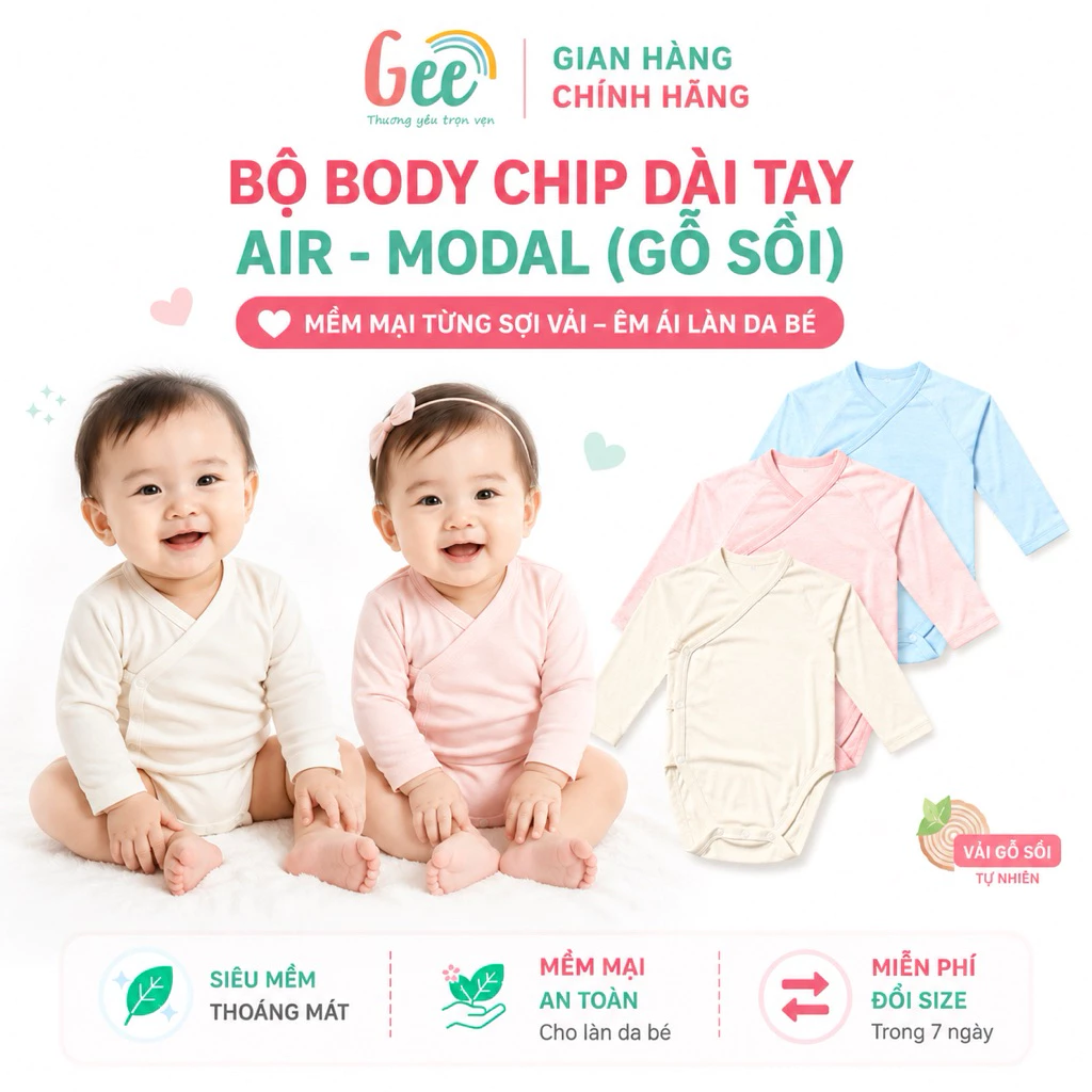 Bộ body chip Gee cho bé sơ sinh, vải modal air mềm mát, thoải mái, dễ chịu, an toàn cho bé 0-12 tháng