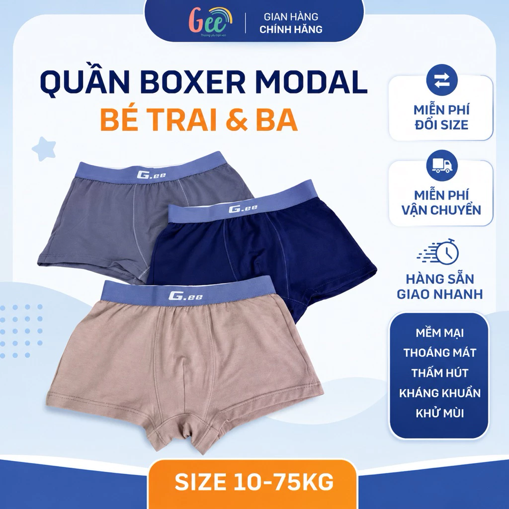 Set 3 quần lót boxer Gee cho bé trai, sịp đùi nam 10-75kg, vải sợi sồi mềm mịn mát, co giãn, giúp bé dễ hợp tác