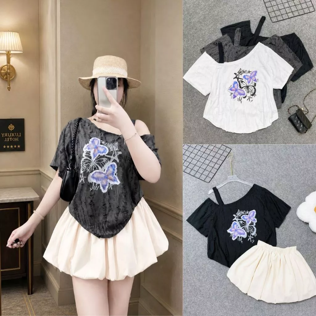 Set đồ áo thun in bươm bướm kiểu lệch vai phối chân váy bí xòe xinh xắn, form rộng dễ thương bigsize - A316+CV413
