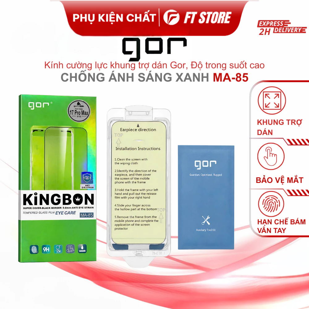 Kính Cường Lực Bảo Vệ Mắt -Chống Ánh Sáng Xanh Gor MA-85 có khung trợ dán mượt mà, Chống Trầy 9H