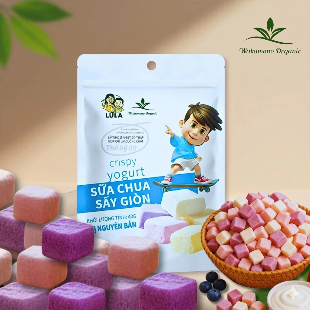 Live Sữa chua sấy giòn 4 vị Wakamono Organic 40g/gói, công nghệ sấy lạnh thăng hoa, giòn rụm, thơn ngon