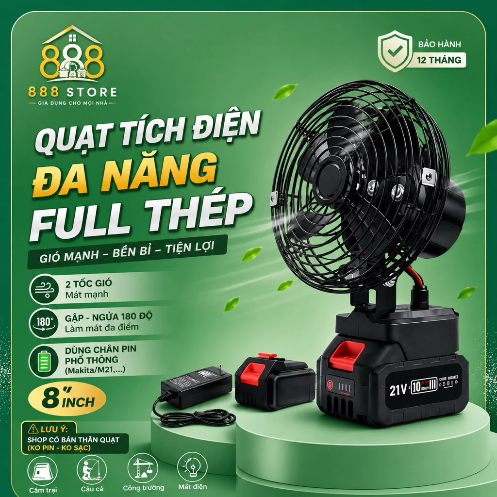 Quạt Tích Điện Bin 10 Cell Dùng Liên Tục 8H, Quạt Makita Để Bàn 2 Cấp Độ Gió Siêu Mát