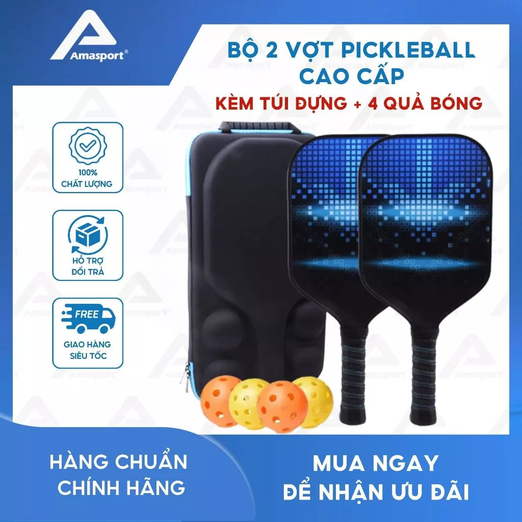 Bộ 2 Vợt Pickleball Cao Cấp kèm túi đựng chống sốc và 4 Quả Bóng - vợt tốt cho người mới chơi AMA SPORT