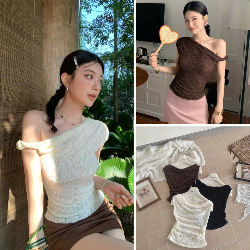 [HÀNG SẴN] Áo trễ vai/ lệch vai ren lưới 2 lớp điệu đà CHERRY TOP