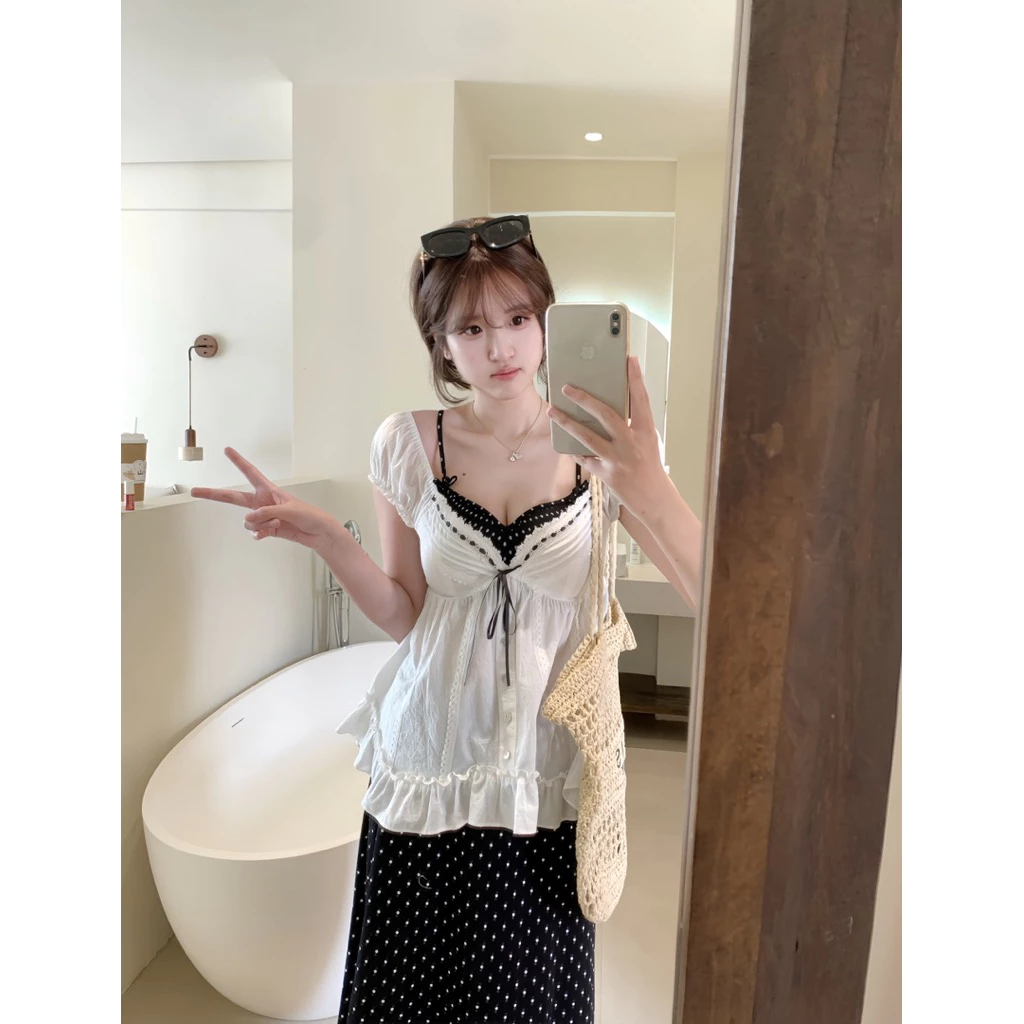 Set Áo Kiểu Nữ Phối Bra Chấm Bi Tay Phồng Viền Ren Cột Nơ, Set 2 Áo Mặc Mùa Hè, Đi Chơi, Đi Biển Chuẩn ulzzang