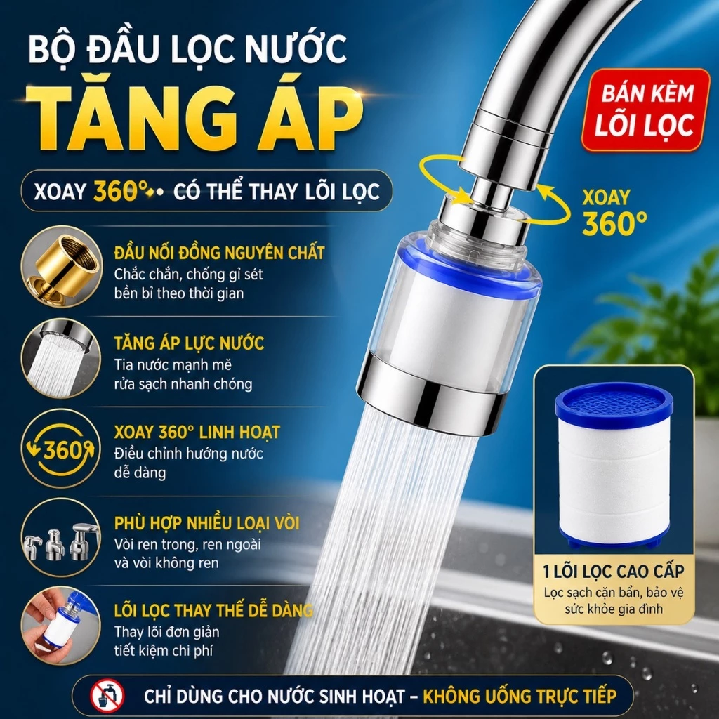 Bộ Đầu Vòi Lọc Nước Tăng Áp Xoay 360 Độ Phù Hợp Với Nhiều Loại Vòi Có Thể Thay Lõi Lọc Sản Phẩm Bán Kèm Lõi Lọc