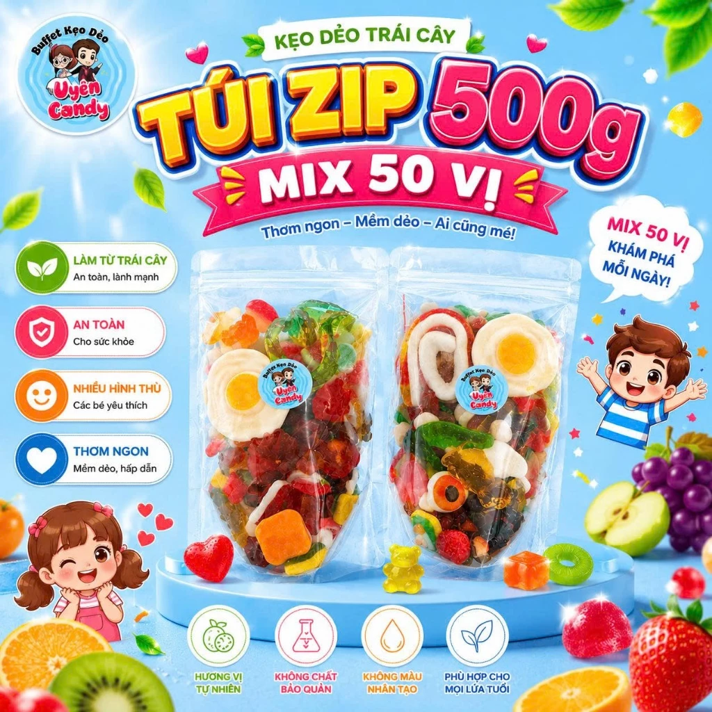 [Túi Zip 500G] Kẹo Dẻo Chip Nhân Mix Vị Siêu Ngon, Kẹo Dẻo Phủ Đường, Kẹo Dẻo Bóc Vỏ, Ăn Vặt