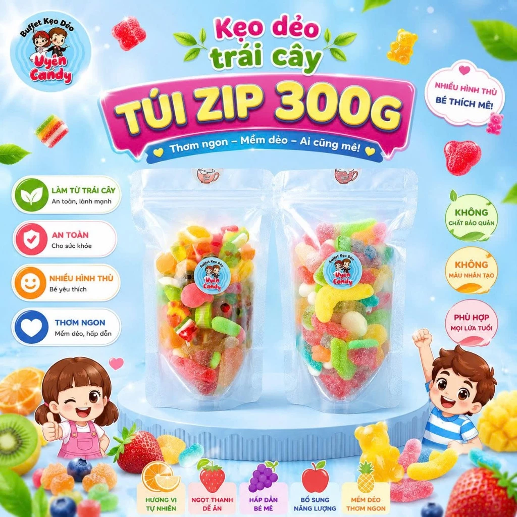[Túi Zip 300g] Kẹo Dẻo Chíp Chíp Vị Trái Cây, Mix Khoảng 20-30 Vị, Kẹo Dẻo Phủ Đường, Kẹo Có Nhân
