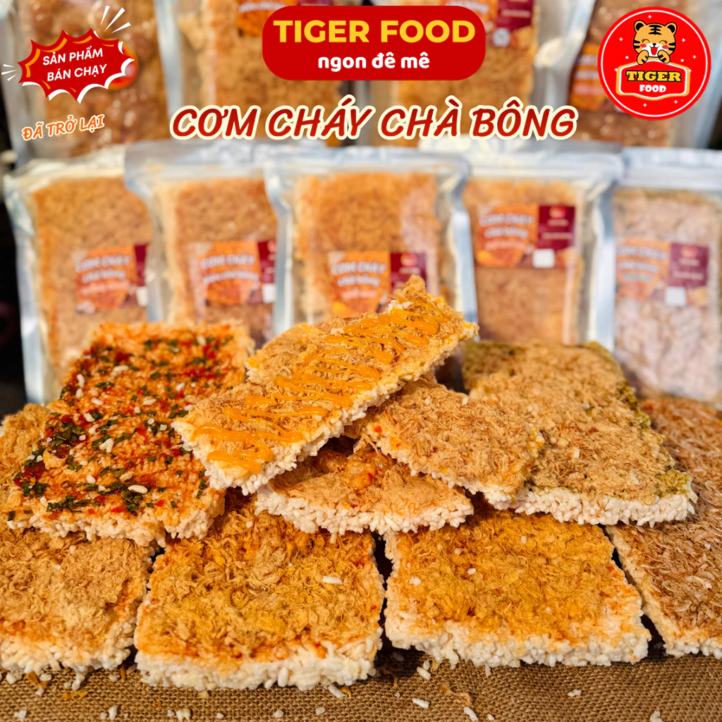 Cơm Cháy Chà Bông TIGER FOOD 8 Vị: Siêu Chà Bông, Tóp Mỡ, Phô Mai, Trứng Muối,Matcha - Giòn Rụm Đậm Vị - Đồ ăn vặt Snack