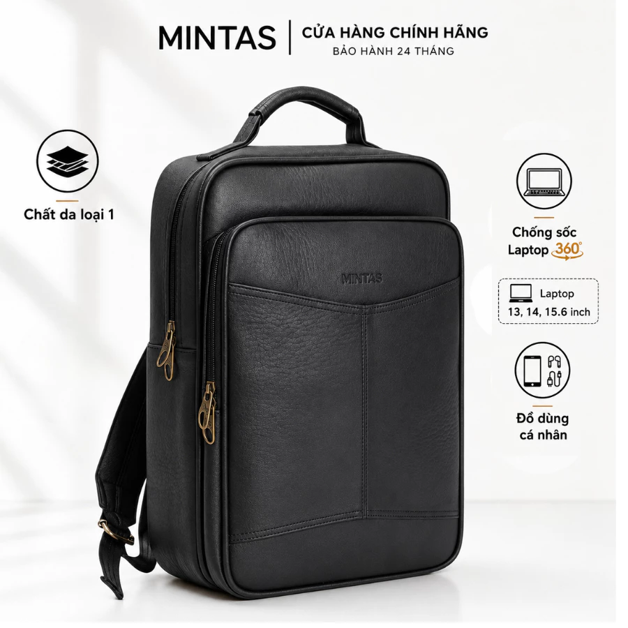 Balo da công sở MINTAS đựng laptop có nhiều ngăn tiện dụng chống nước chống xước. M204