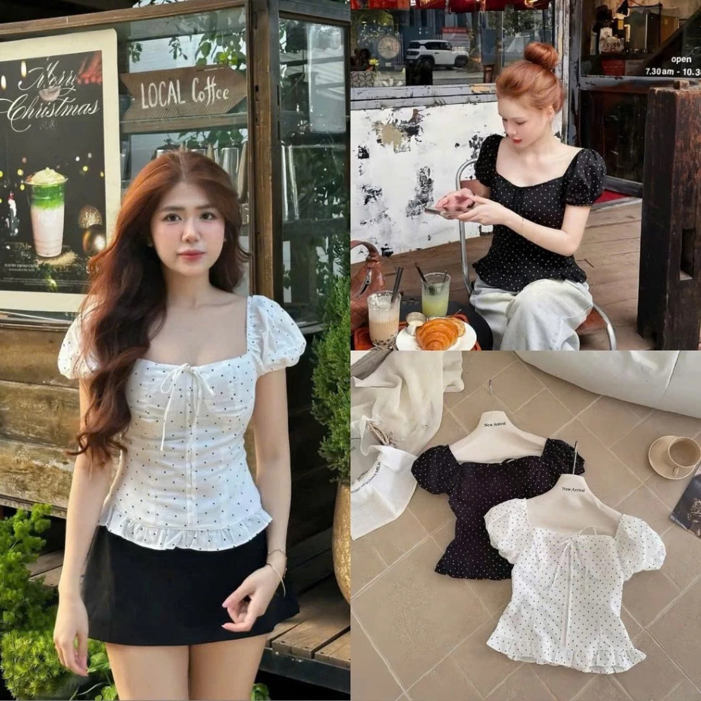 Áo Croptop Nữ Cổ Vuông Tay Bồng Chấm Bi Style Tiểu Thư Hàn Quốc Dáng Ngắn Dễ Phối Đồ 1351 247Store
