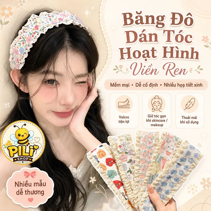 Băng Đô Dán Tóc Phối Ren Cute 34x5cm, Miếng Dán Giữ Tóc Mái Khi Rửa Mặt Nhiều Họa Tiết Dễ Thương