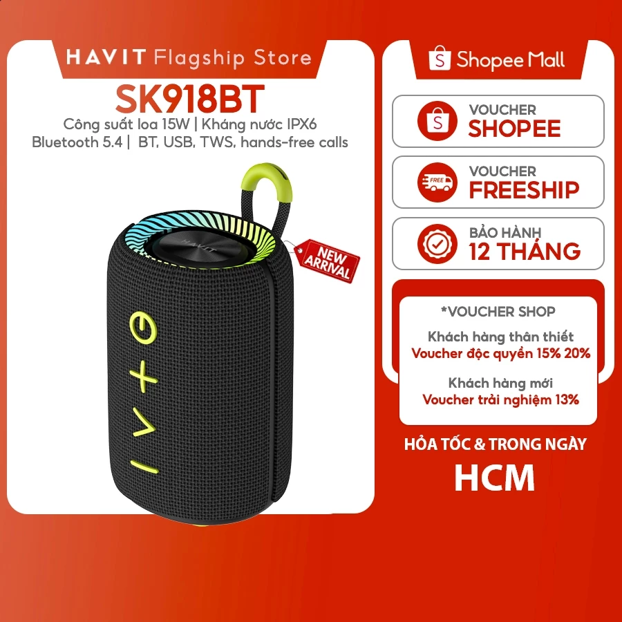 Loa Bluetooth Havit SK918BT IPX6 Công Suất 15W | Loa Di Động TWS | Bluetooth 5.4