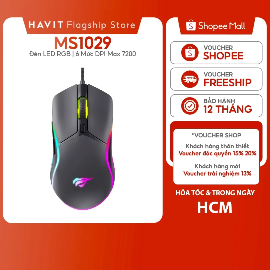Chuột Có Dây Havit MS1029 Max 7200 DPI (6 Mức DPI) Gamenote Đèn RGB | 6 Nút Bấm
