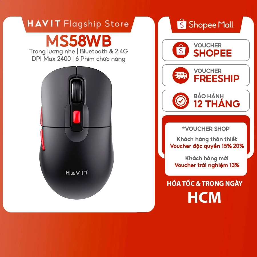 Chuột Không Dây Havit MS59WB (2.4G + Bluetooth) 2400 dpi | Nhỏ Gọn & Di Động 6 Phím