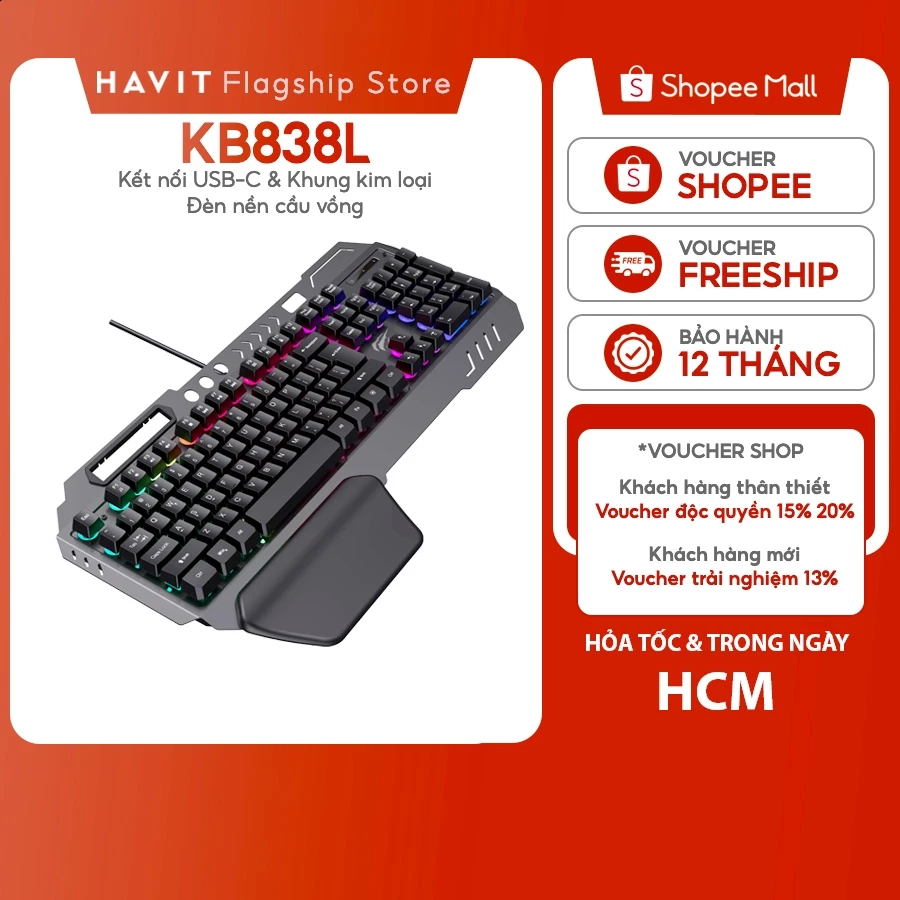 Bàn Phím Có Dây Havit KB838L Gamenote Khung Kim Loại | Đèn Nền 7 Màu