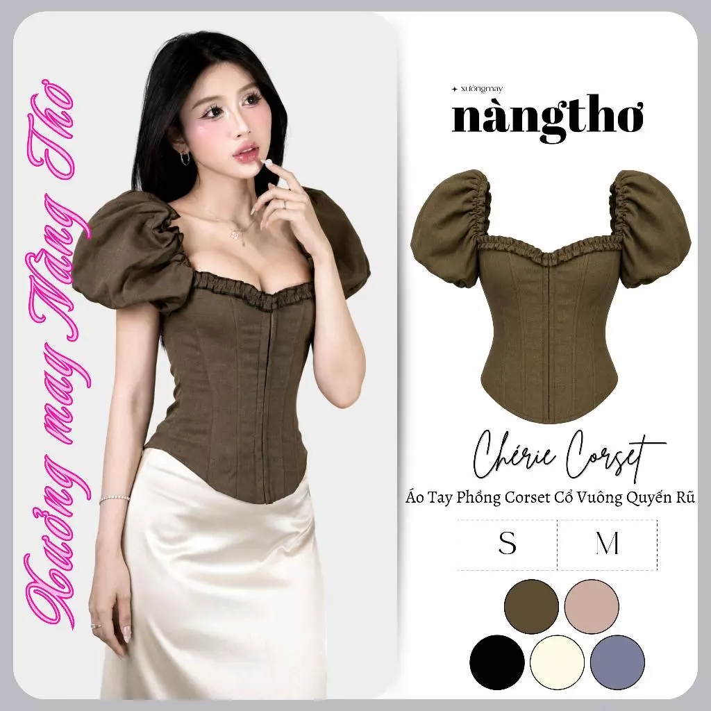 1204 Chérie Corset-Áo Tay Phồng Corset Có Gọng Dẻo Định Hình Cổ Vuông Quyến Rũ
