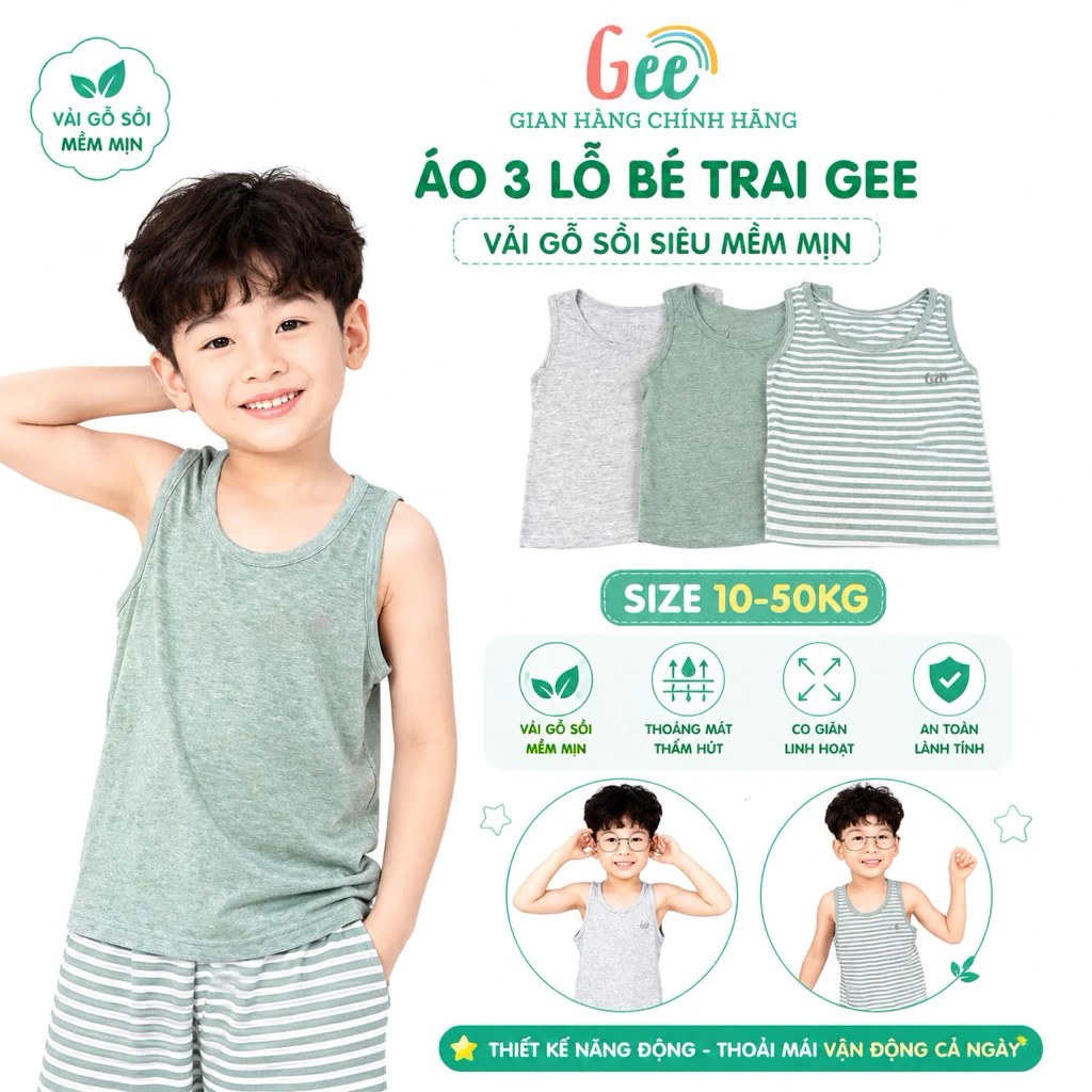 Áo 3 Lỗ Bé Trai Gee, Áo Thun Vải Sợi Sồi Mềm Mịn, Co Giãn, Thoáng Mát, Thấm Hút Mồ Hôi, Có Size Đại 10-50kg