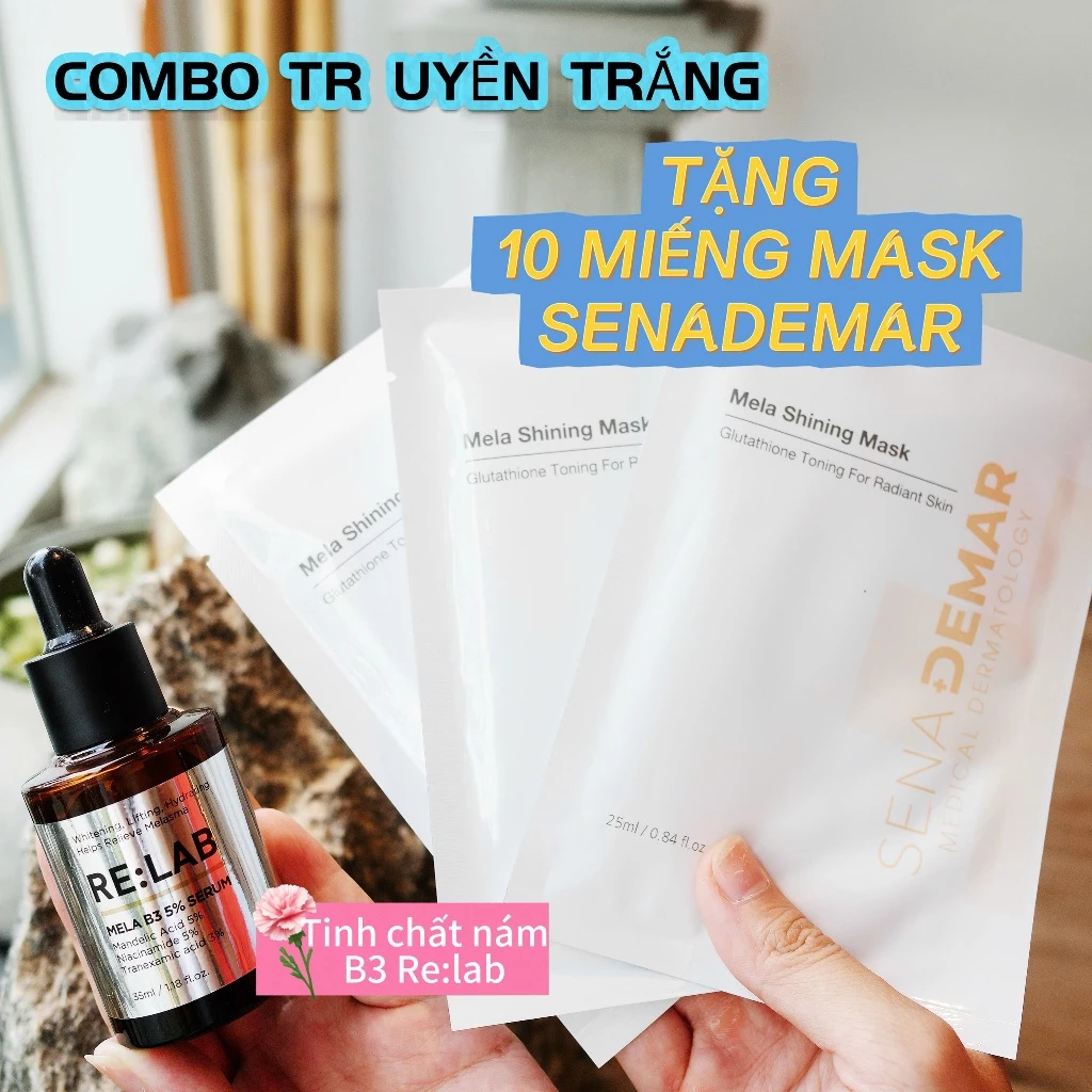 (COMBO TR UYỀN TRẮNG) Tinh chất dưỡng sáng da MELA B3 RE:LAB 35ml+ 10 MIẾNG VÀNG Mặt Nạ Dưỡng Sáng SENADEMAR Medical Der
