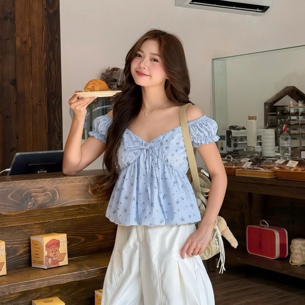Áo sơ mi kiểu nữ SM449 Kozoda chất gió hàn họa tiết chấm bi babydoll buộc dây viền bèo tiểu thư ngắn tay thời trang nữ