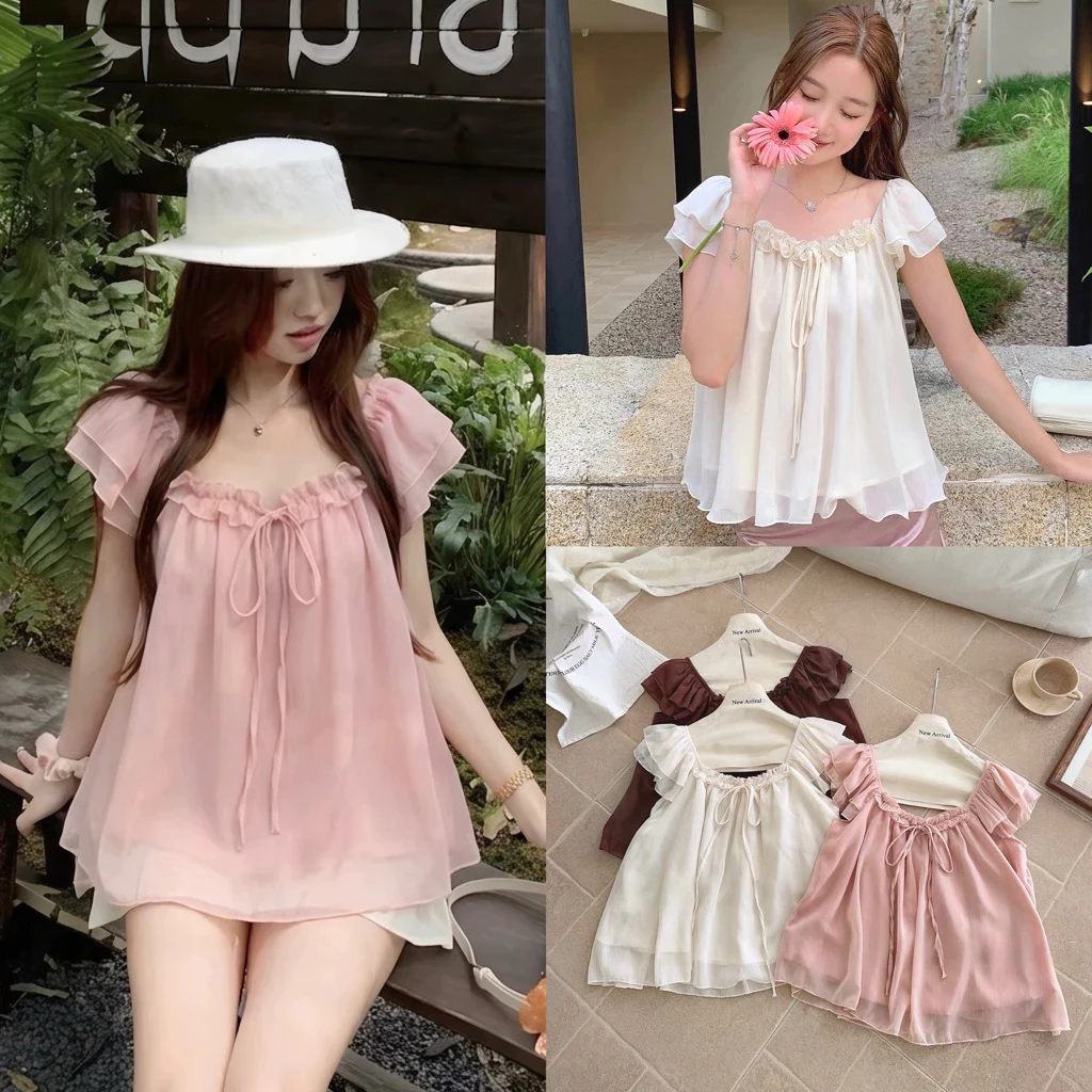 (Hàng sẵn) Áo babydoll Voan Tơ 2 lớp, Tay Cánh Tiên cổ vuông bèo ngực thắt nơ siu xinh SUGAR TOP