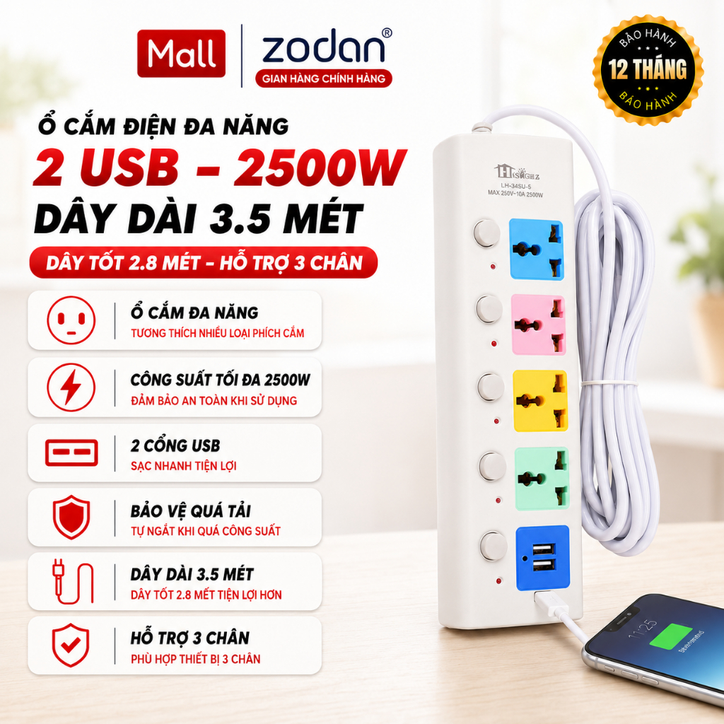 Ổ Cắm Điện USB Đa Năng Cao Cấp Chống Giật Dài 4m, 2 Cổng Cắm USB Chốt An Toàn…