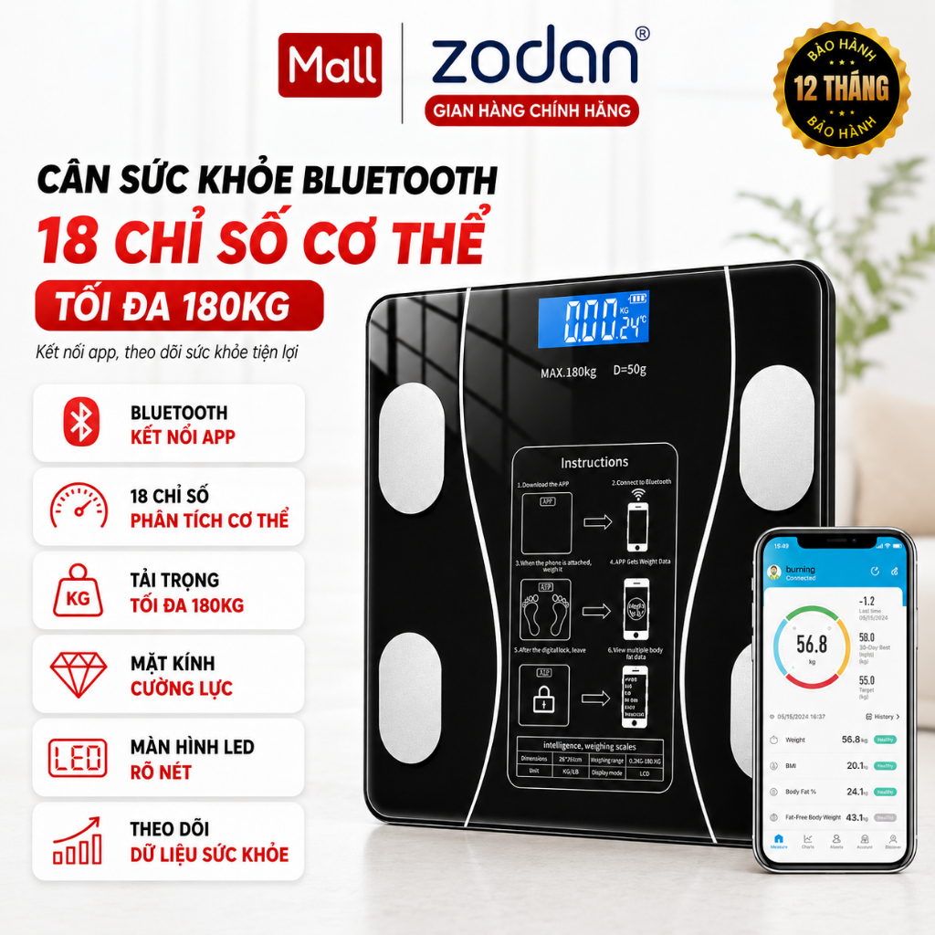 Cân điện tử Bluetooth thông minh ZODAN BL998 đo thông số cơ thể INBODY
