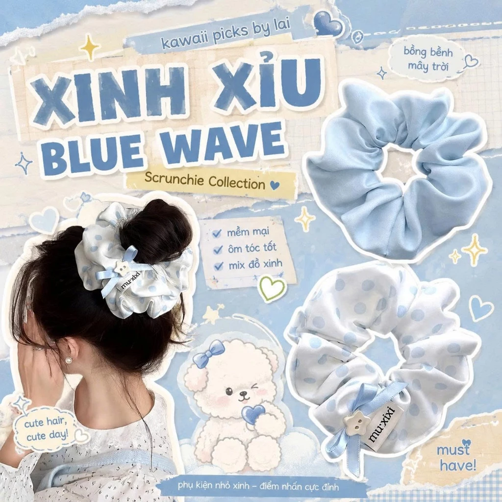 Dây Buộc Tóc Scrunchie Blue Wave Chấm Bi, Co Giãn Tốt Không Đau Tóc, Phụ Kiện Tóc Hot Trend