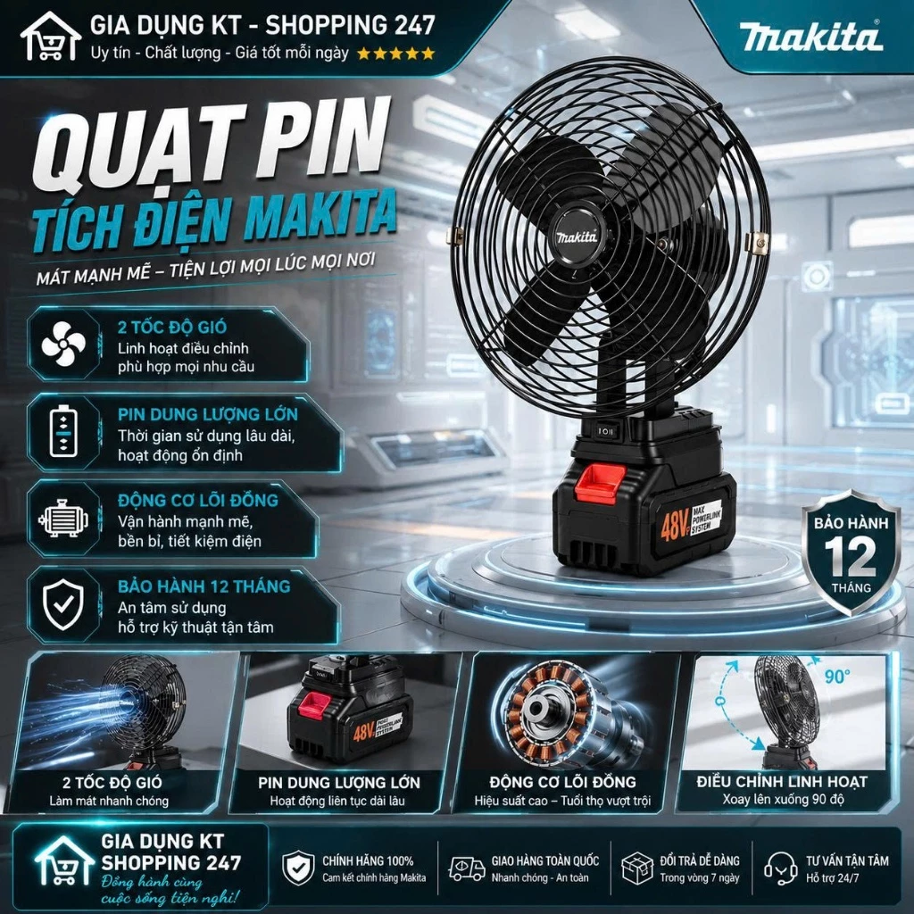 Quạt Tích Điện Chạy Pin MAKITA, Quạt Mini Để Bàn Công Suất Lớn, Làm Mát Cực Nhanh, Kết Cấu Chắc Chắn, Hoạt Động mạnh Mẽ