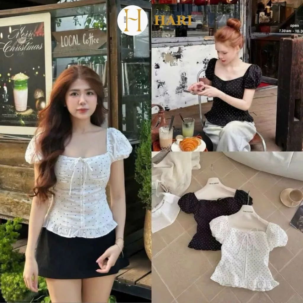 Áo Croptop Nữ Cổ Vuông Tay Bồng Chấm Bi Style Tiểu Thư Hàn Quốc Dáng Ngắn Dễ Phối Đồ 1351
