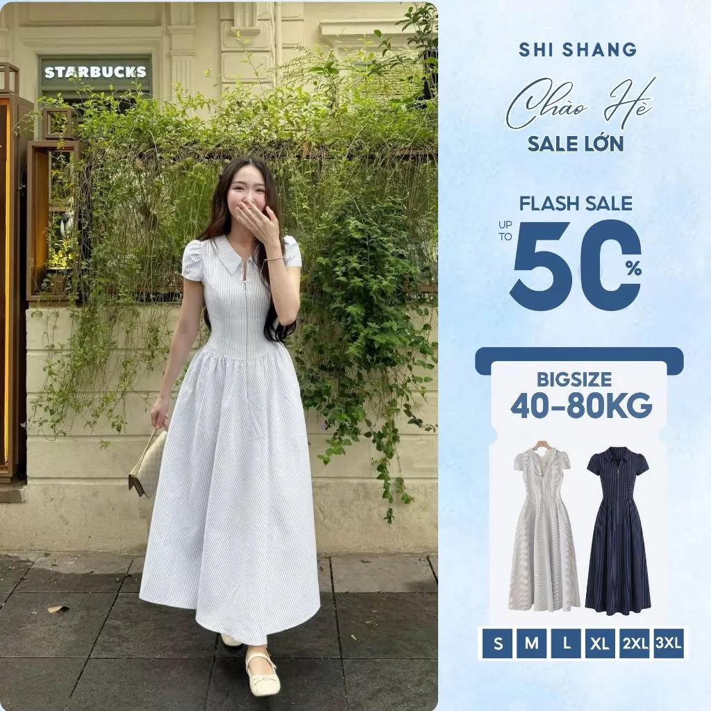 Đầm Kẻ Xanh Cộc Tay Dáng Dài ARA Khóa Kéo Trước Có Bigsize Thiết Kế 2 Lớp Thanh Lịch By Shi Shang