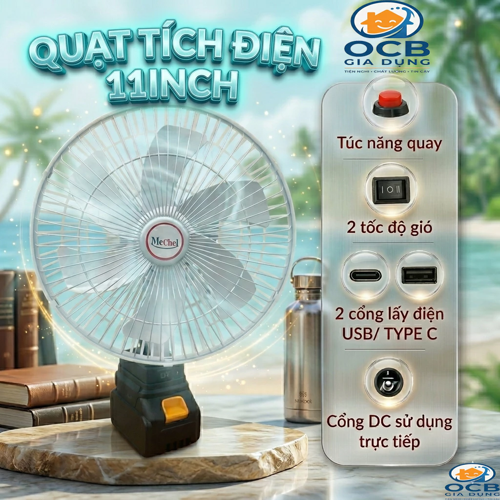 Quạt Tích Điện 11inh Quạt Chạy Pin Và Điện, Phổ Thông MKT 4cm, Có Điều Tốc Chỉnh Cấp Độ Gió + Túc Năng Xoay