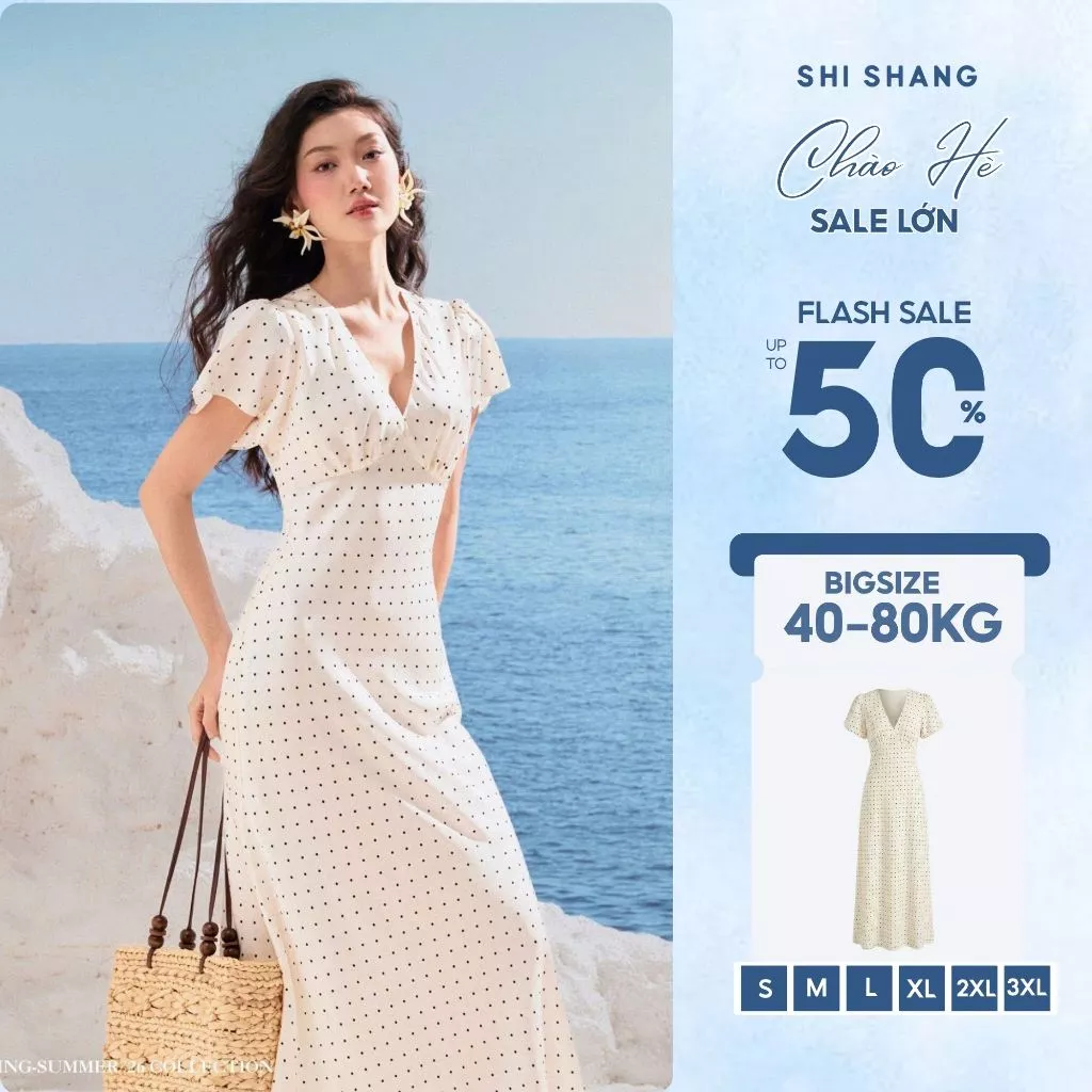 Đầm Lụa Chấm Bi Cổ Xẻ Dáng Dài, Lụa Tô Châu Cao Cấp Dáng Xoè Đuôi Cá Tôn Dáng Siêu Đẹp có Bigsize
