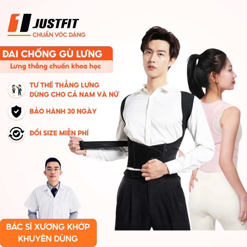 Đai chống gù lưng JUSTFIT, hỗ trợ định hình, cải thiện vóc dáng, có nẹp hỗ trợ thẳng lưng điều chỉnh dáng đi cơ thể