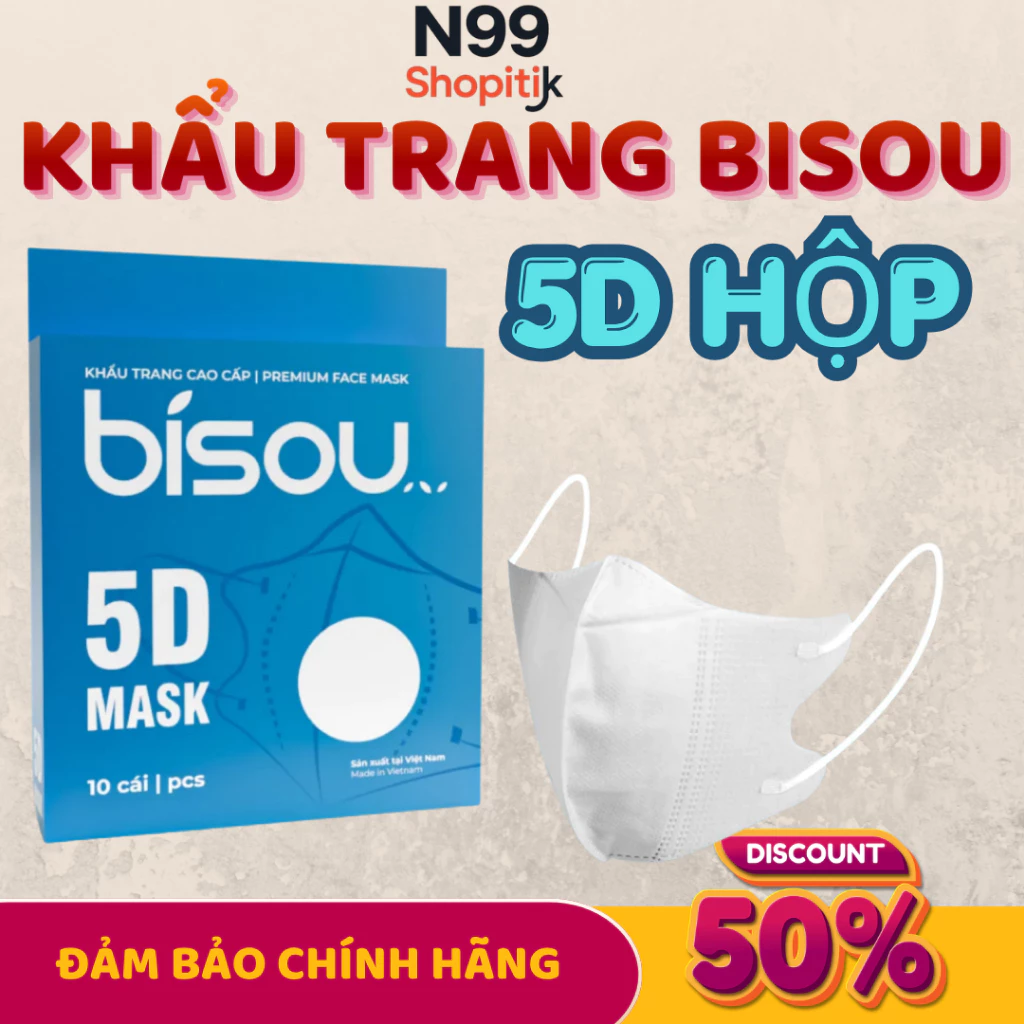 Combo 10c KHẨU TRANG 5D BISOU 4 LỚP GIẤY KHÁNG KHUẨN thời trang đẹp ôm mặt, thoáng mát, co giãn không đau tai