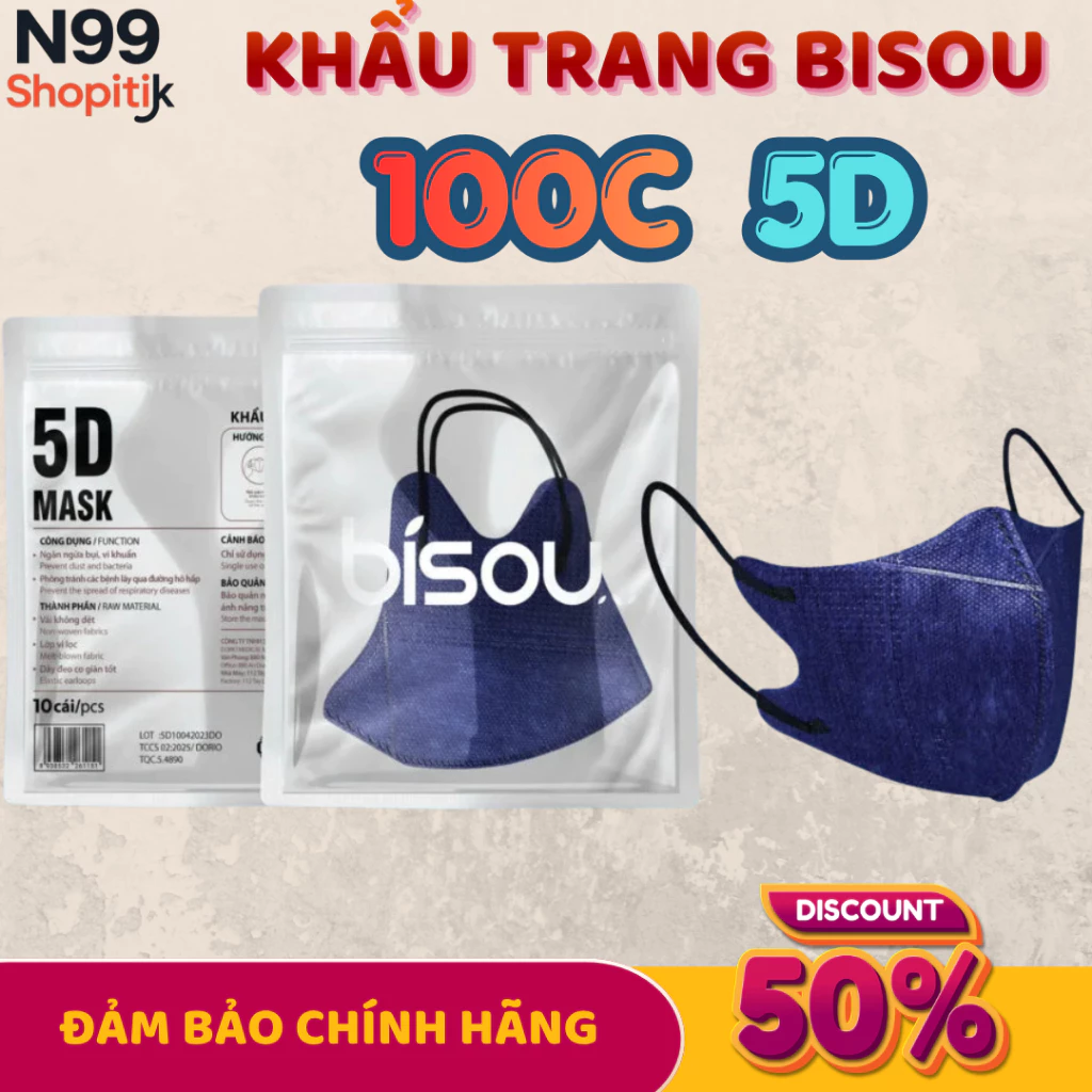[Combo 100 Cái] Khẩu Trang 5D Bisou Dạng Túi Chứng nhận ISO 9001:2015 & ISO 13485:2016