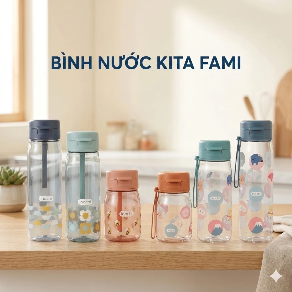 Bình nước Kita Fami 350/500/700ml Chính hãng Inochi Nút bấm mở bình, Nút silicon chống tràn.