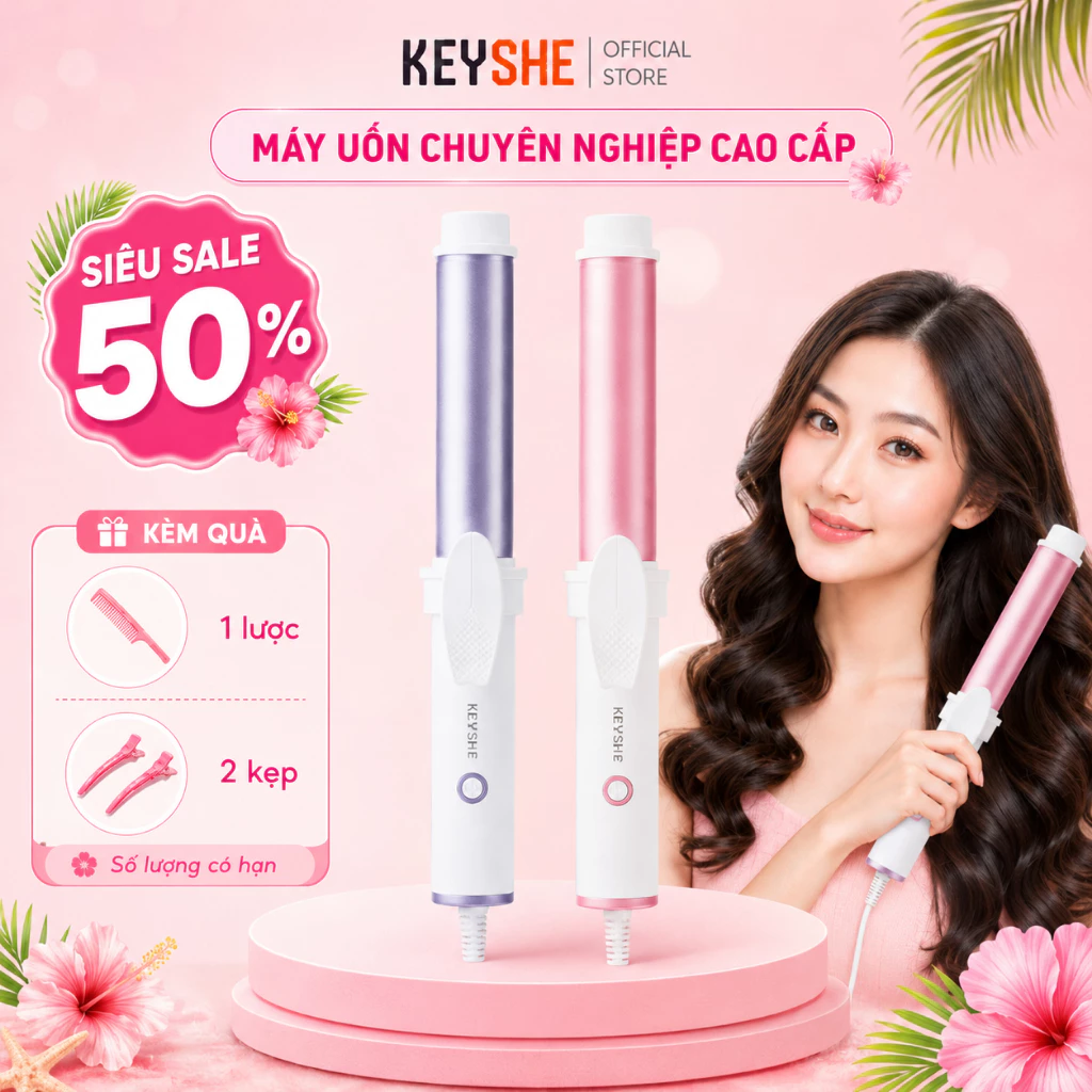 [HOẢ TỐC HCM] Máy uốn xoăn tóc phủ gốm sứ trục thủ công KEYSHE, bảo vệ tóc, không làm tóc bị khô sơ, sử dụng tại nhà