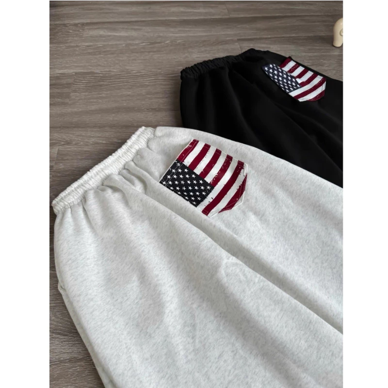 Quần Nỉ Ống Rộng Nữ Cạp Chun Form Suông In Túi Cờ Mỹ Streetwear Y2K Quần Baggy Nữ Mặc Đi Học Đi Chơi