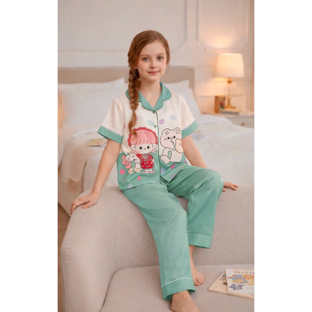 Pijama bé gái vải latin mềm mịn – Họa tiết thú dễ thương – Đồ ngủ mặc nhà cho bé 10–65kg