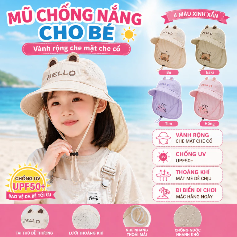 Mũ Chống Nắng Cho Bé Hình Capybara Kèm Khăn Che Cổ Vành Rộng Chống Nắng Mùa Hè 3-8 Tuổi