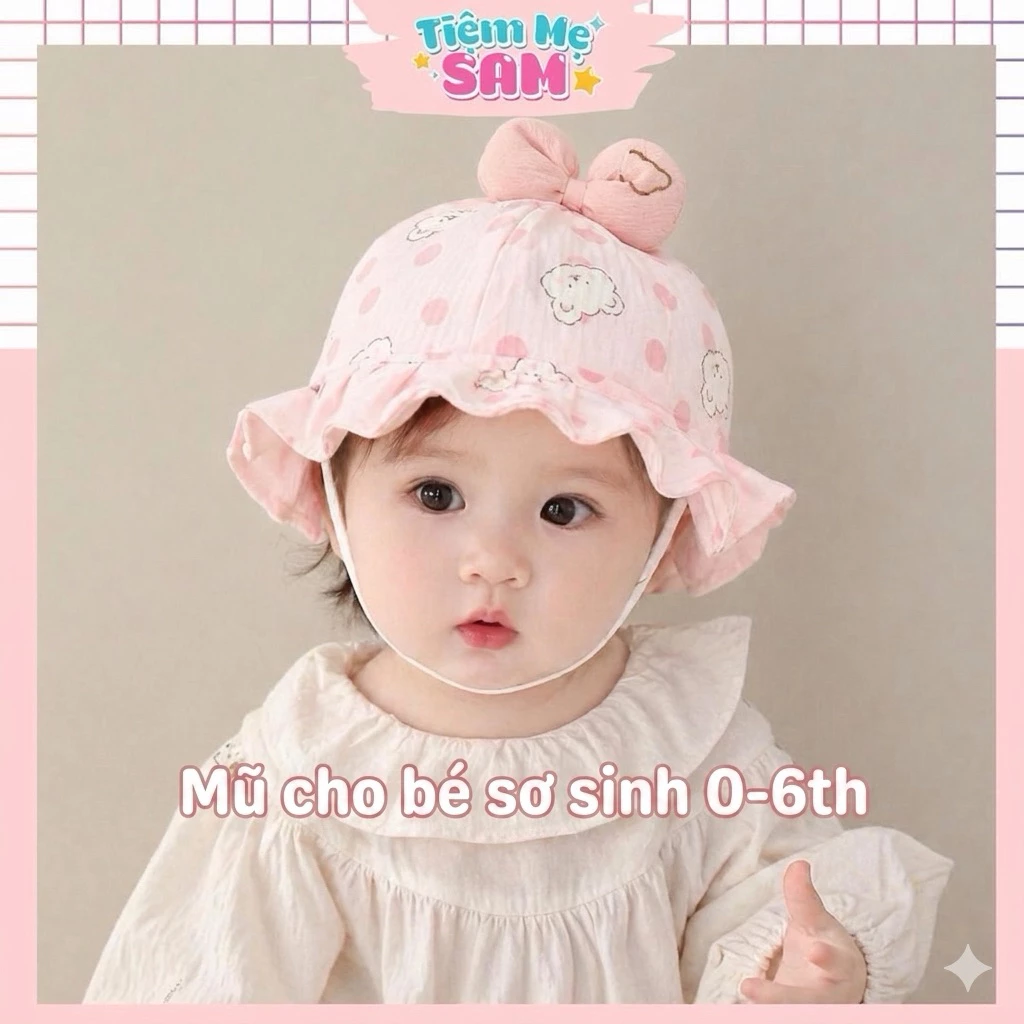 Mũ sơ sinh che nắng xinh xắn họa tiết hoạt hình dễ thương cho bé 0-6 tháng, mũ có dây rút điều chỉnh cho bé (MUG50)