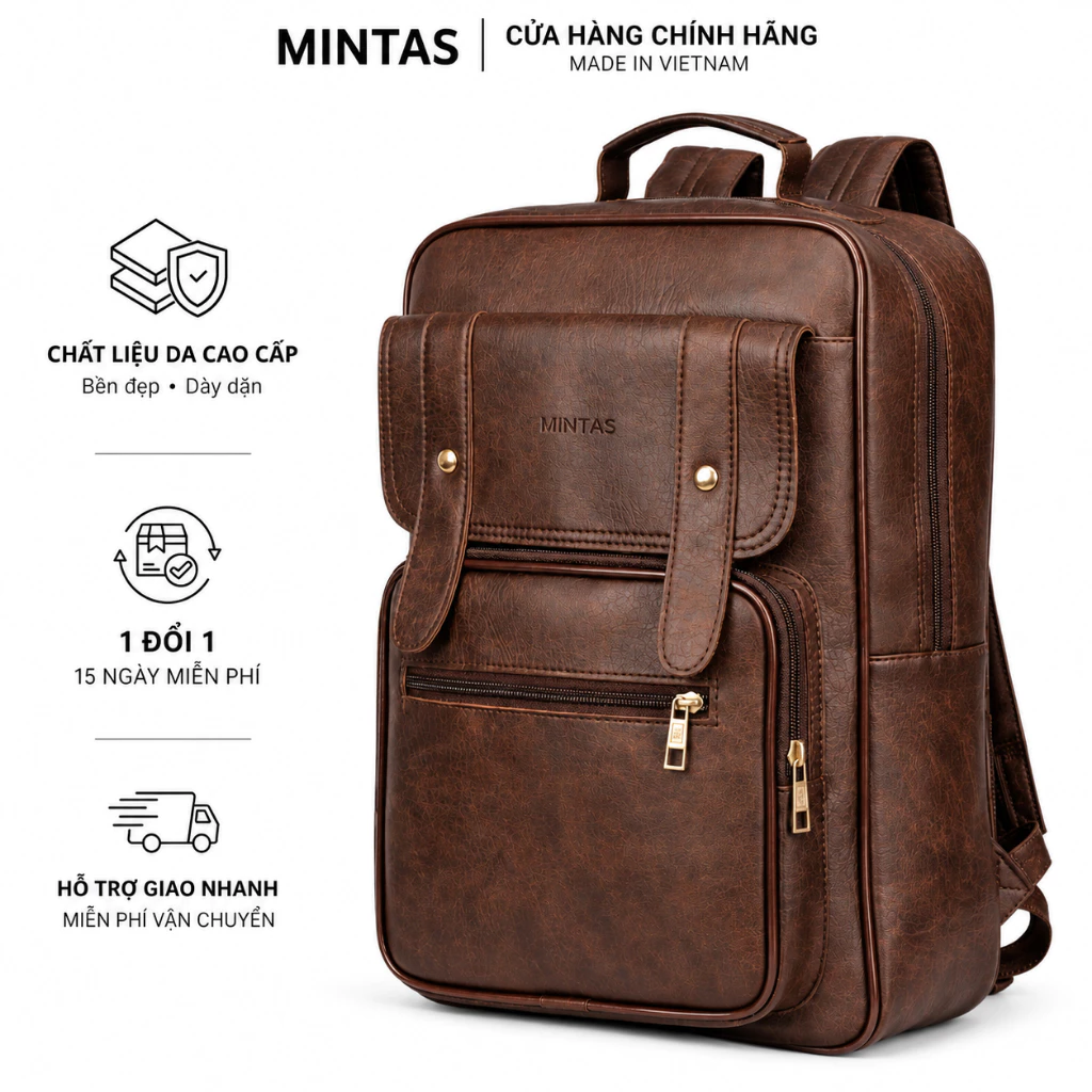 Balo da PU cao cấp MINTAS thiết kế unisex, chống thấm, chống sốc 360°, 15.6 inch. MINTAS100