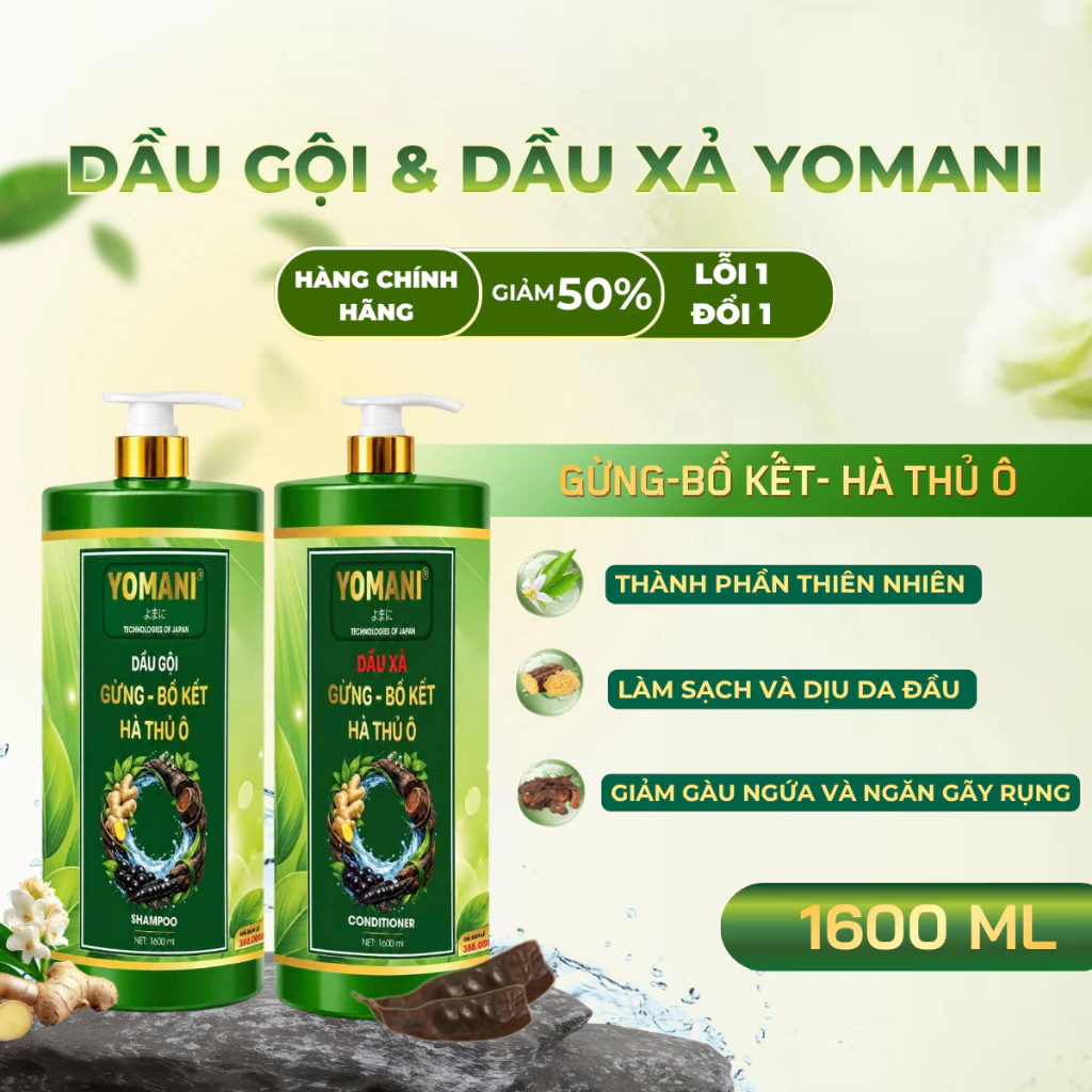 COMBO Gội Xả Bồ Kết& Hà Thủ Ô YOMANI Chai 1600Ml Giảm Gàu Ngứa Da Đầu Hỗ Trợ Mọc Tóc Phục Hồi Hư Tổn