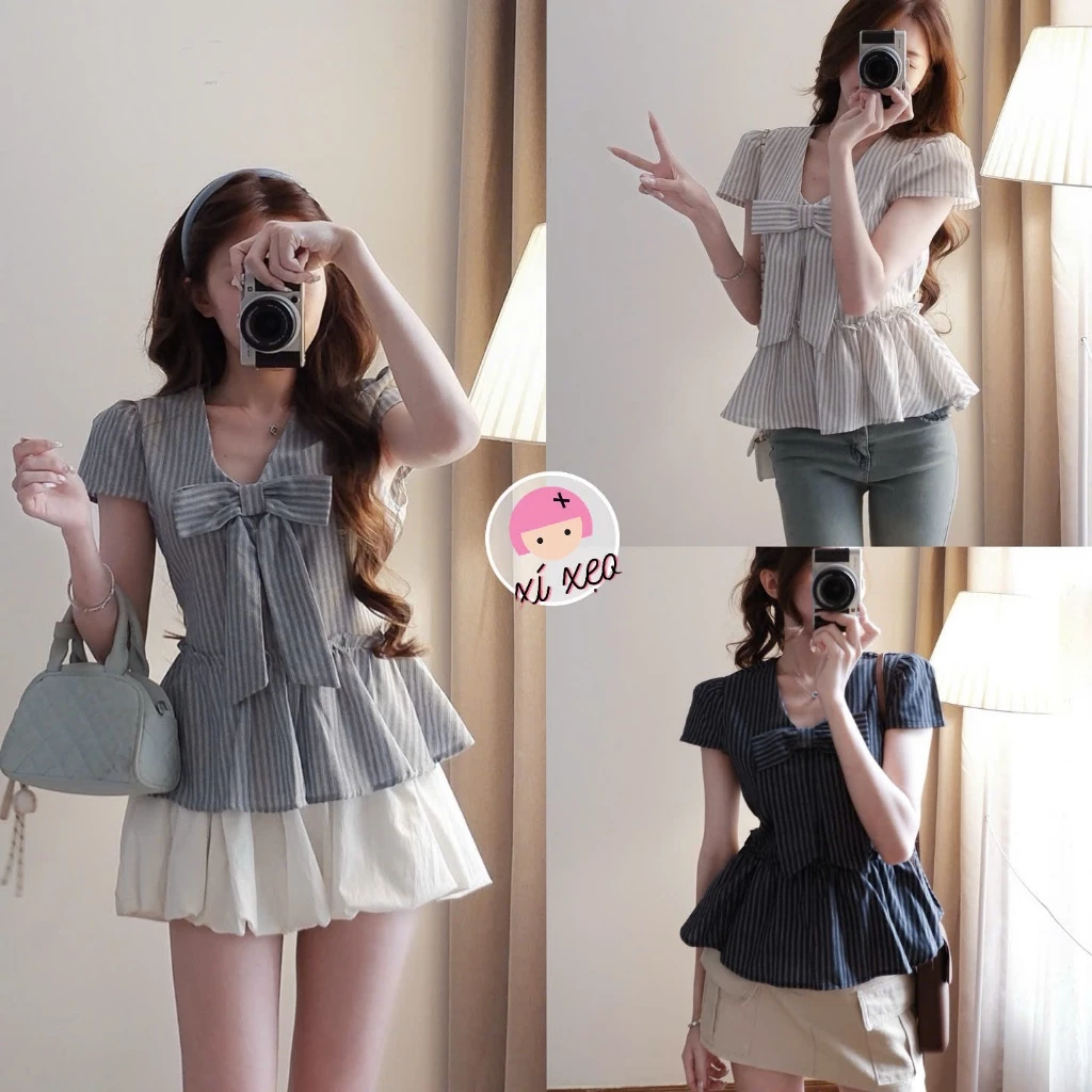 Áo sơ mi babydoll kẻ XIXEOSHOP chiết eo phối nơ xinh tay phồng - A37