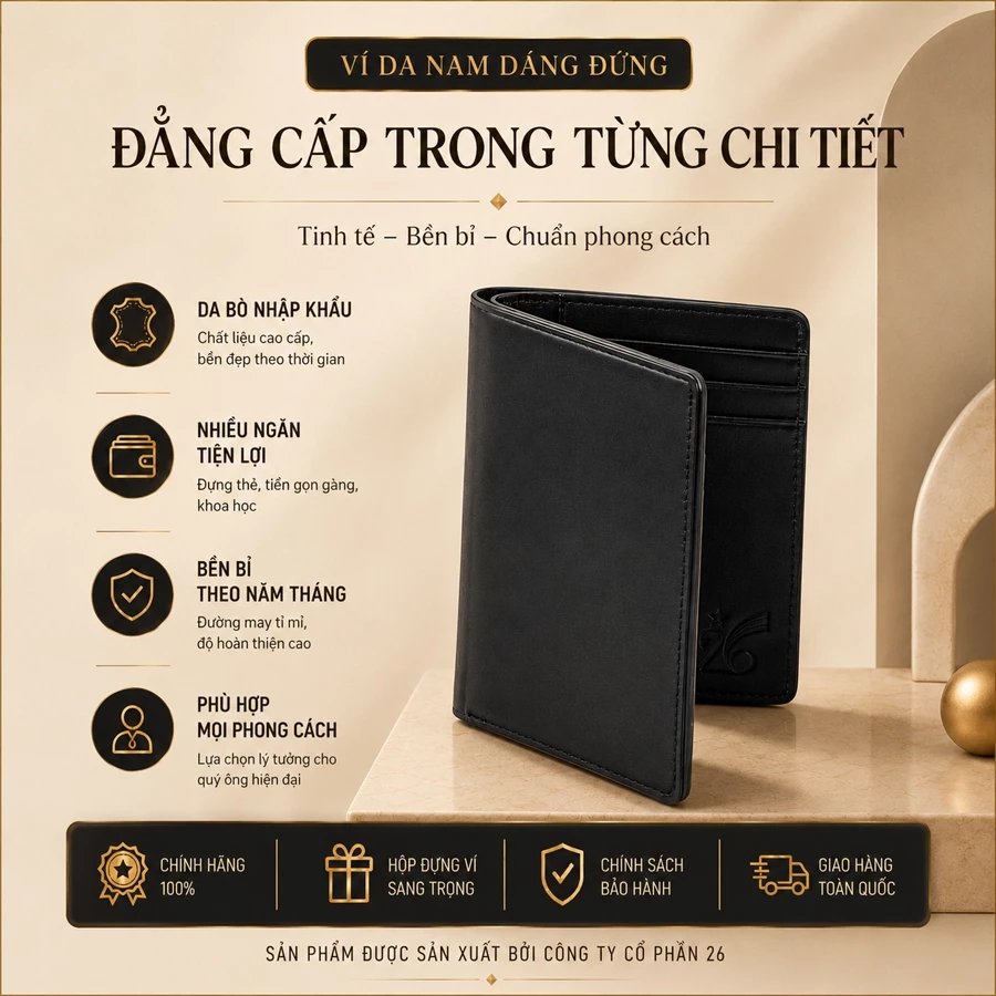 Ví da nam da bò 100% dáng đứng cao cấp chính hãng Công ty cổ phần 26 màu đen