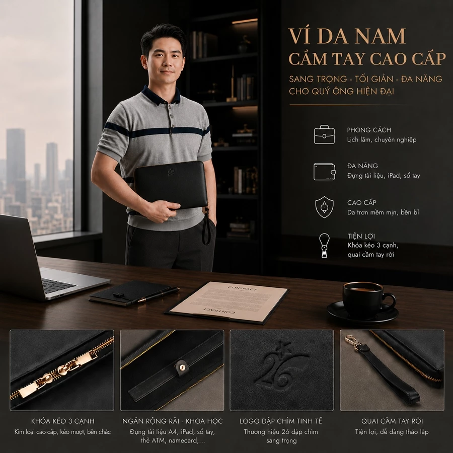 CẶP DA NAM CẦM TAY CAO CẤP CÔNG TY CỔ PHẦN 26 – KHÓA KÉO 3 CẠNH