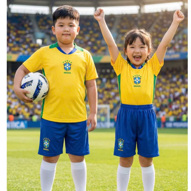 Bộ Quần Áo Đá Banh Brasil Vàng 2026 Trẻ Em (Nhận In Tên Số) Thun Mè Cao Cấp Logo Thêu Kids Top Sport